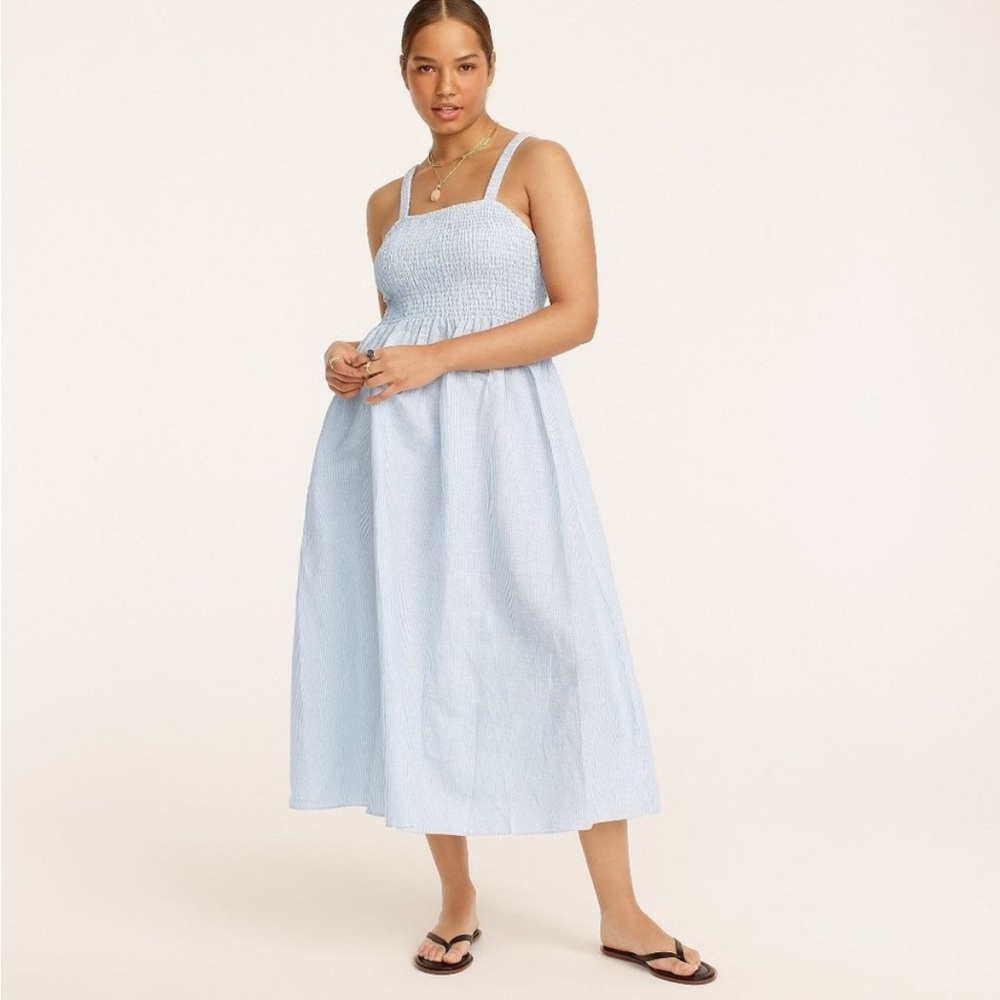 J.Crew Smocked beach dress in linen-cotton blend stripe NWT